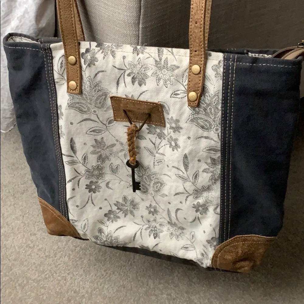 Myra Bag Unique Key Upcycled Canvas & Cowhide Tote